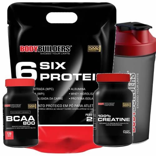 Kit 6 Six Protein - Refil 2000g Chocolate + BCAA 800 120 Tab + 100% Creatine 100g + Coqueteleira 600ml - BodyBuilders