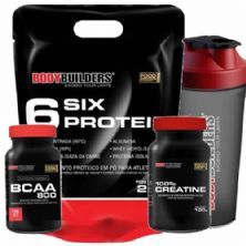 Kit 6 Six Protein - Refil 2000g Chocolate + BCAA 800 120 Tab + 100% Creatine 100g + Coqueteleira 600ml - BodyBuilders