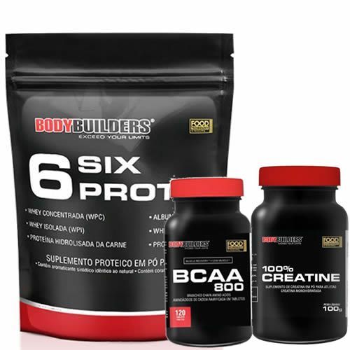 Kit 6 Six Protein Refil 900g Morango + BCAA 800 120 Tab + 100% Creatine 100g - BodyBuilders
