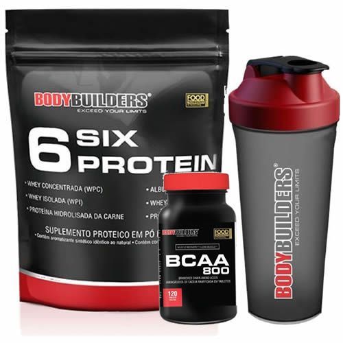 Kit 6 Six Protein Refil 900g Morango + BCAA 800 120 Tab + Coqueteleira 600ml - BodyBuilders