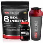 Kit 6 Six Protein Refil 900g Morango + BCAA 800 120 Tab + Coqueteleira 600ml - BodyBuilders