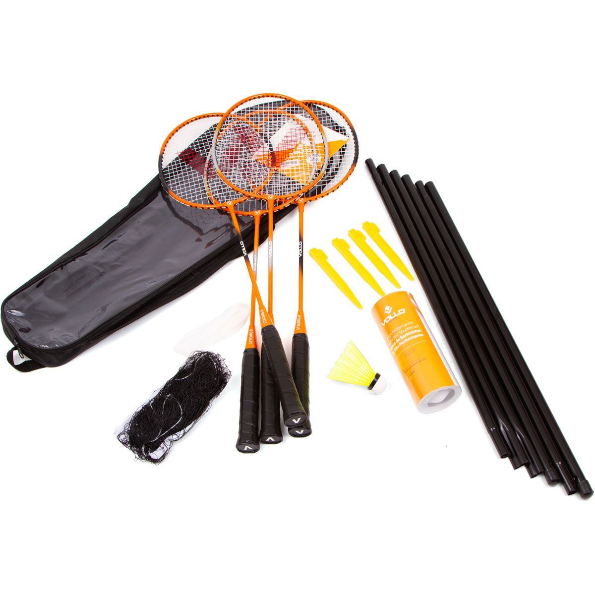 Kit Badminton - 4 Raquetes, 3 Petecas,  Rede e Suporte - Vollo Sports