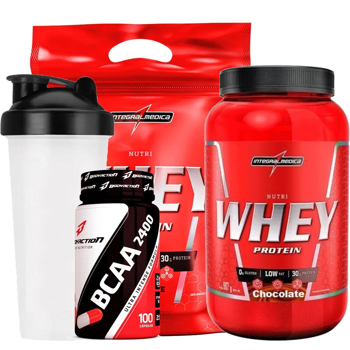 Kit com Nutri Whey Choco + Refil + BCAA + Coqueteleira - Integralm�dica