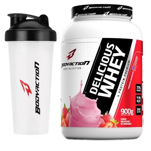 Kit - Delicious Whey - 900g Milkshake de Morango + Coqueteleira - BodyAction