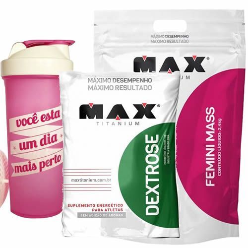 Kit Femini Mass 2400g Morango + Dextrose 1000g Natural + Coqueteleira- Max Titanium