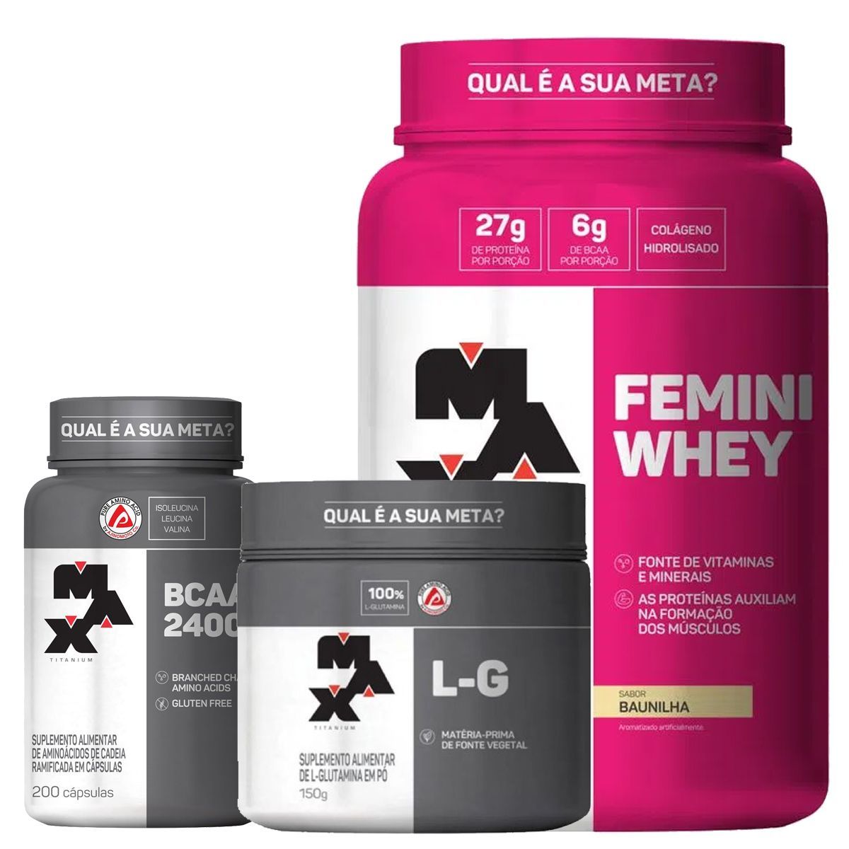 Kit Femini Whey 900g Baunilha + BCAA 200 C�psulas + Glutamina 150g - Max Titanium