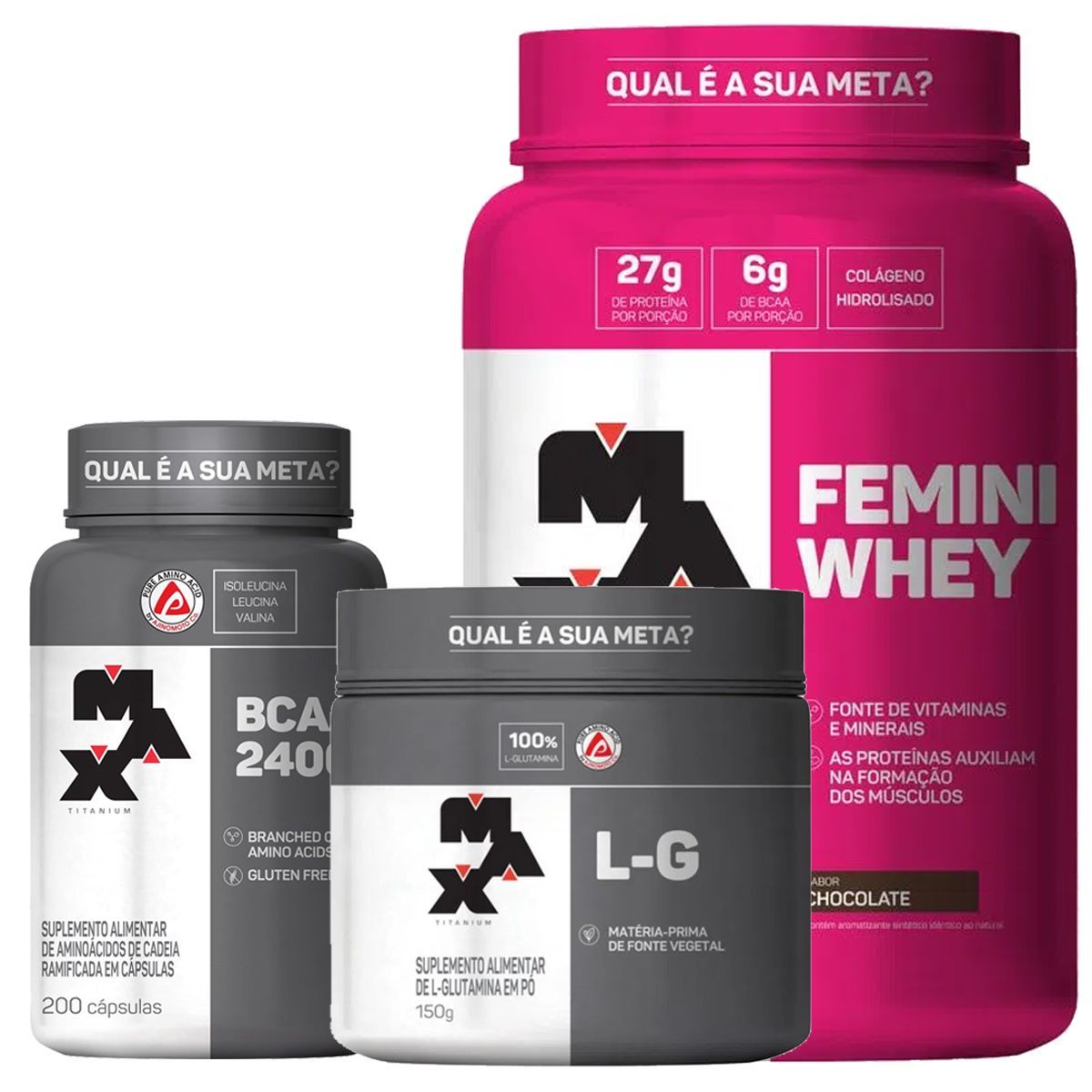 Kit Femini Whey 900g Chocolate + BCAA 200 C�psulas + Glutamina 150g - Max Titanium