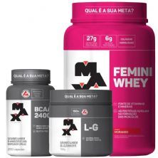 Kit Femini Whey 900g Morango + BCAA 200 C�psulas + Glutamina 150g - Max Titanium