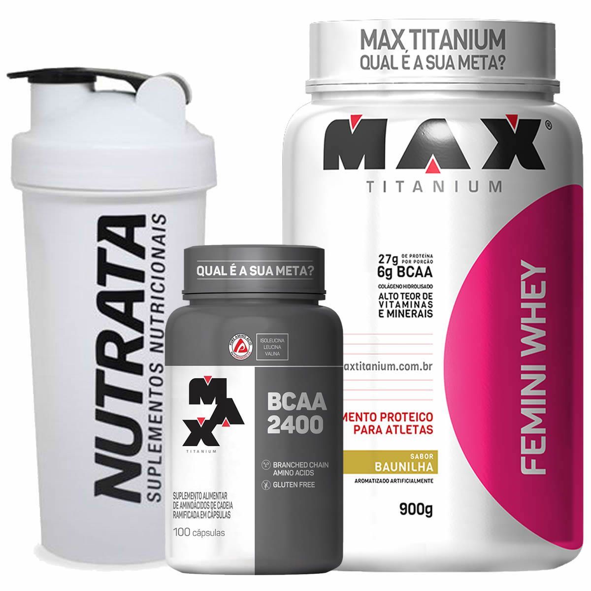 Kit Femini Whey Baunilha + BCAA 100 c�ps + Coqueteleira Gr�tis - Max Titanium