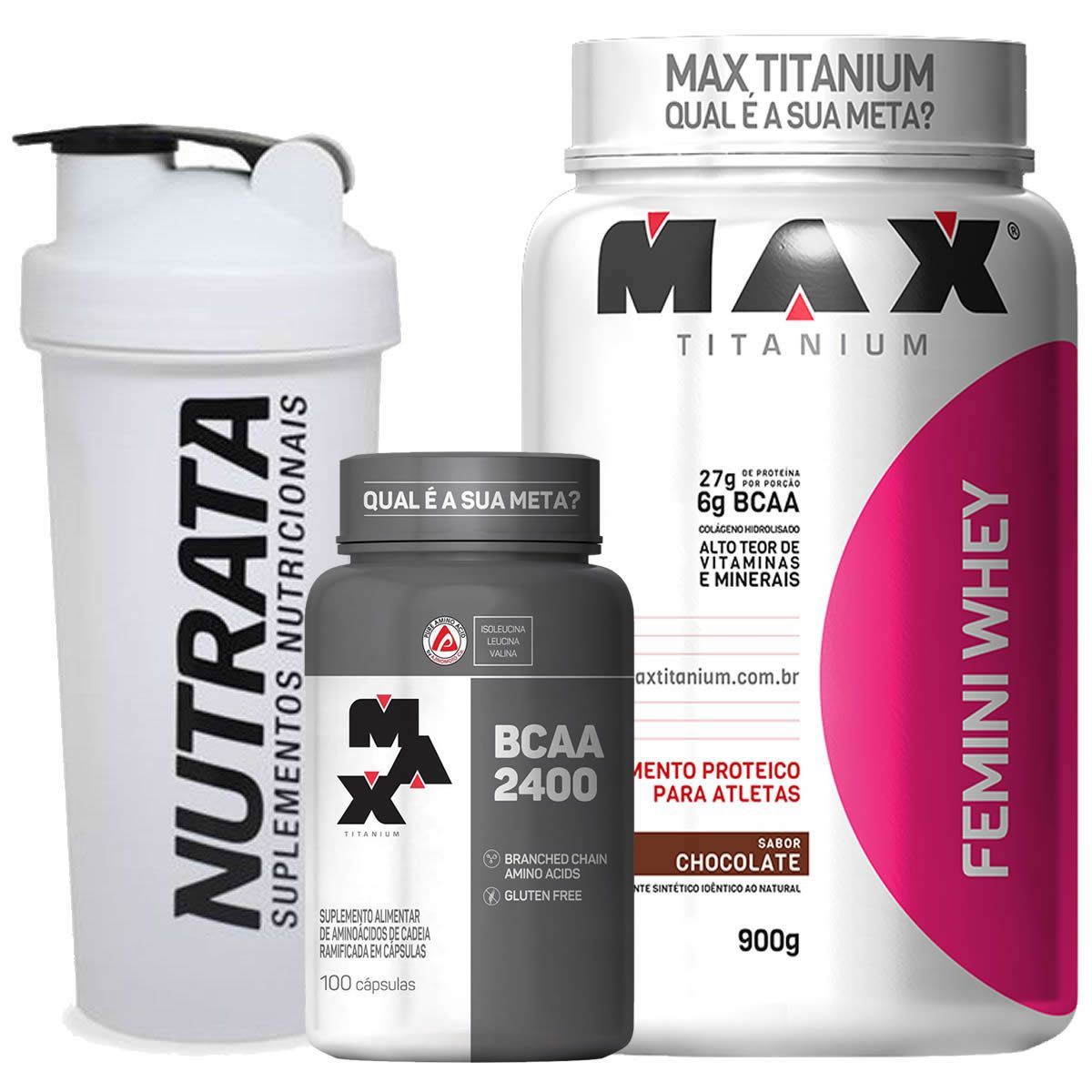 Kit Femini Whey Chocolate + BCAA 100 c�ps + Coqueteleira Gr�tis - Max Titanium