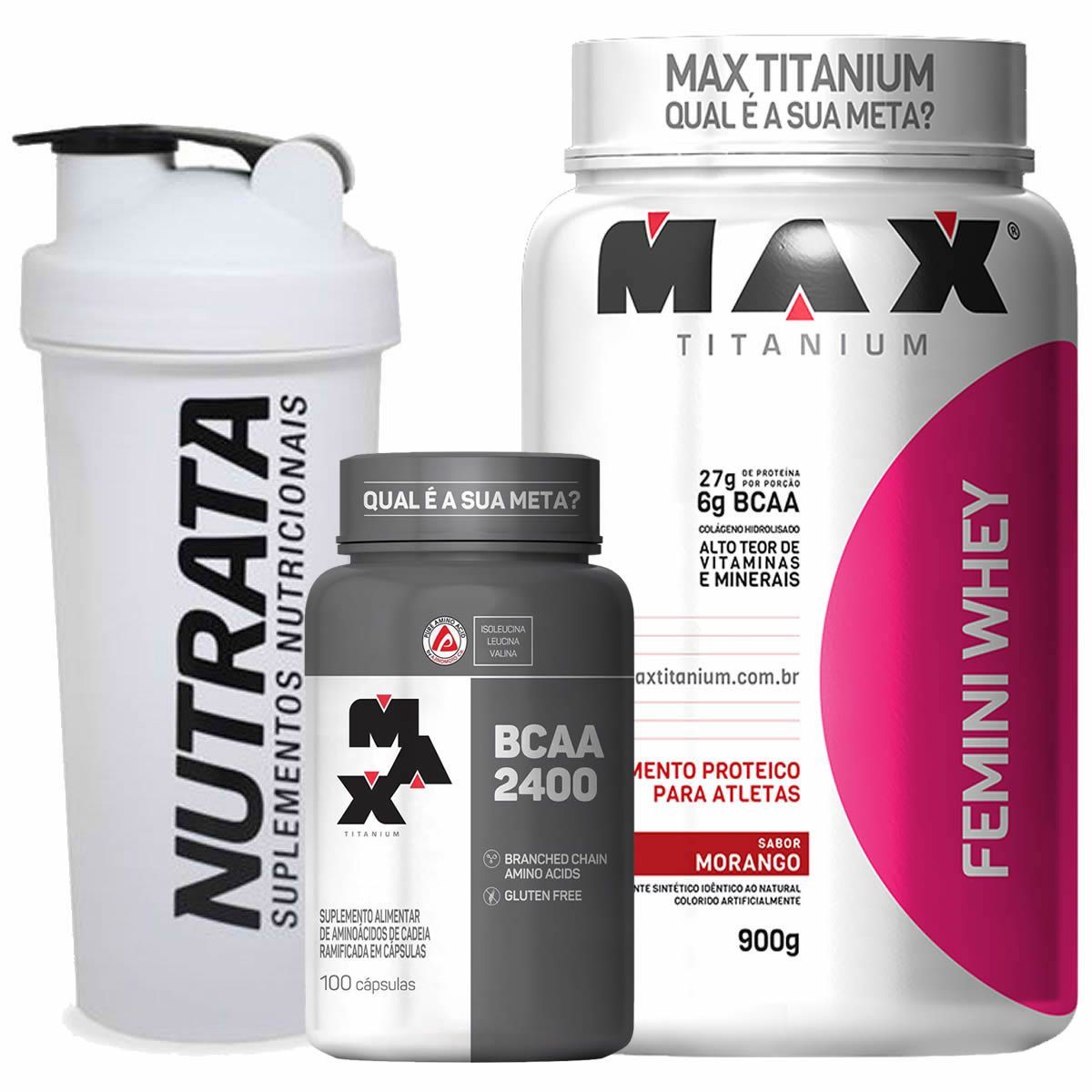 Kit Femini Whey Morango + BCAA 100 c�ps + Coqueteleira Gr�tis - Max Titanium