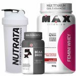 Kit Femini Whey Morango + BCAA 100 c�ps + Coqueteleira Gr�tis - Max Titanium