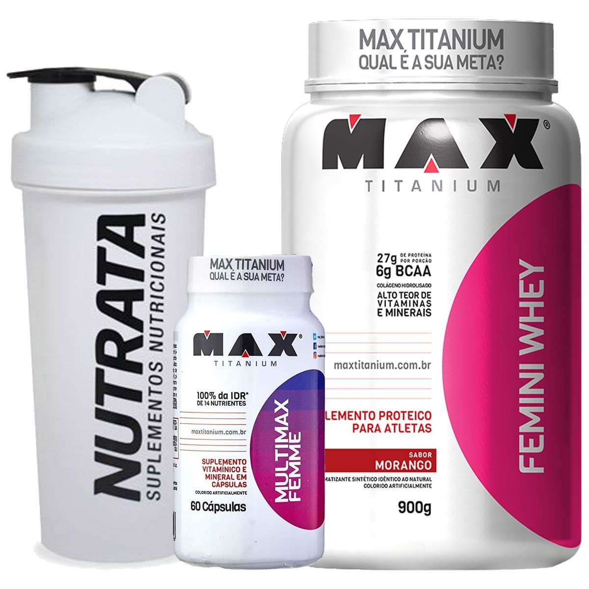 Kit Femini Whey Morango + Multimax Femme 60 c�ps + Gr�tis Coqueteleira - Max Titanium