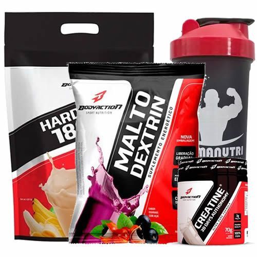 Kit - Hard Mass 3000g Banana com Ma�a + Malto Dextrin 1000g Guarana C/ A�a� + Creatine 70g + Coqueteleira - BodyAction