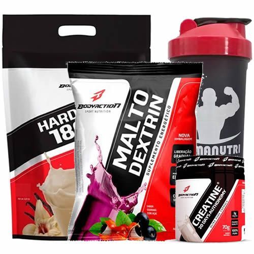Kit - Hard Mass 3000g Baunilha + Malto Dextrin 1000g Guarana C/ A�a� + Creatine 70g + Coqueteleira - BodyAction