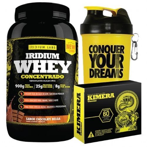 Kit Iridium Whey Chocolate Belga 900g + Kimera Thermo - 60 comprimidos + Coqueteleira - Iridium Labs