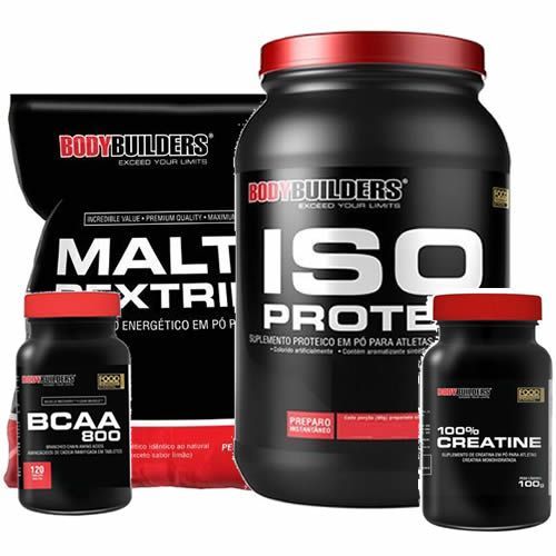 Kit Iso Protein - 900g Morango + Maltodextrina 1000g Morango + BCAA 800 120 Tab + 100% Creatine 100g - BodyBuilders