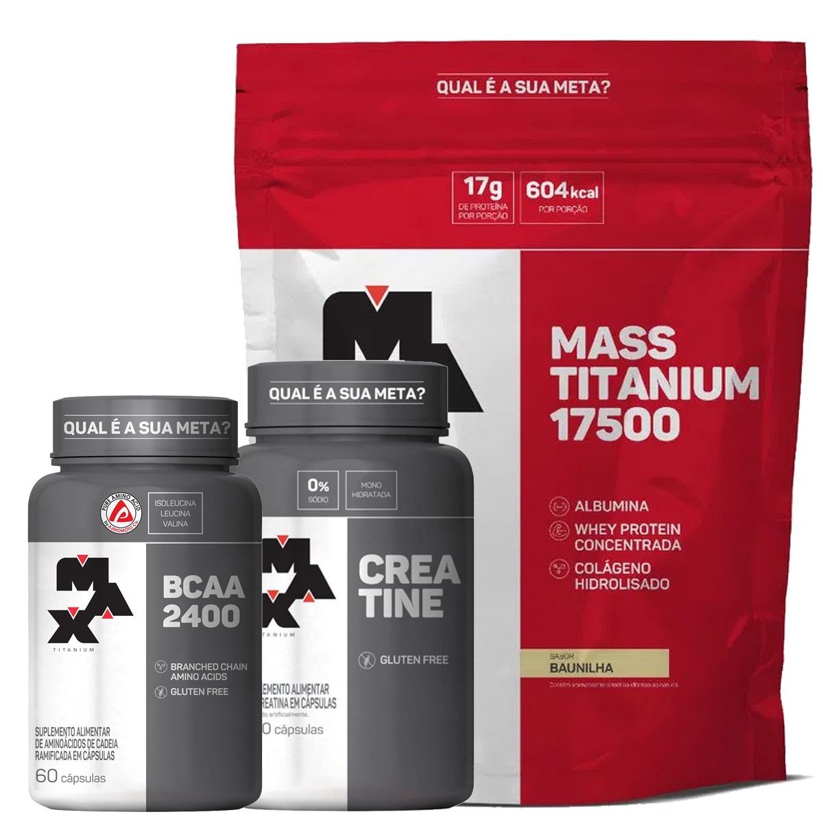 kit Mass Titanium 17500 - 3000g Baunilha + Creatina - 120 caps + Bcaa 60 Caps - Max Titanium