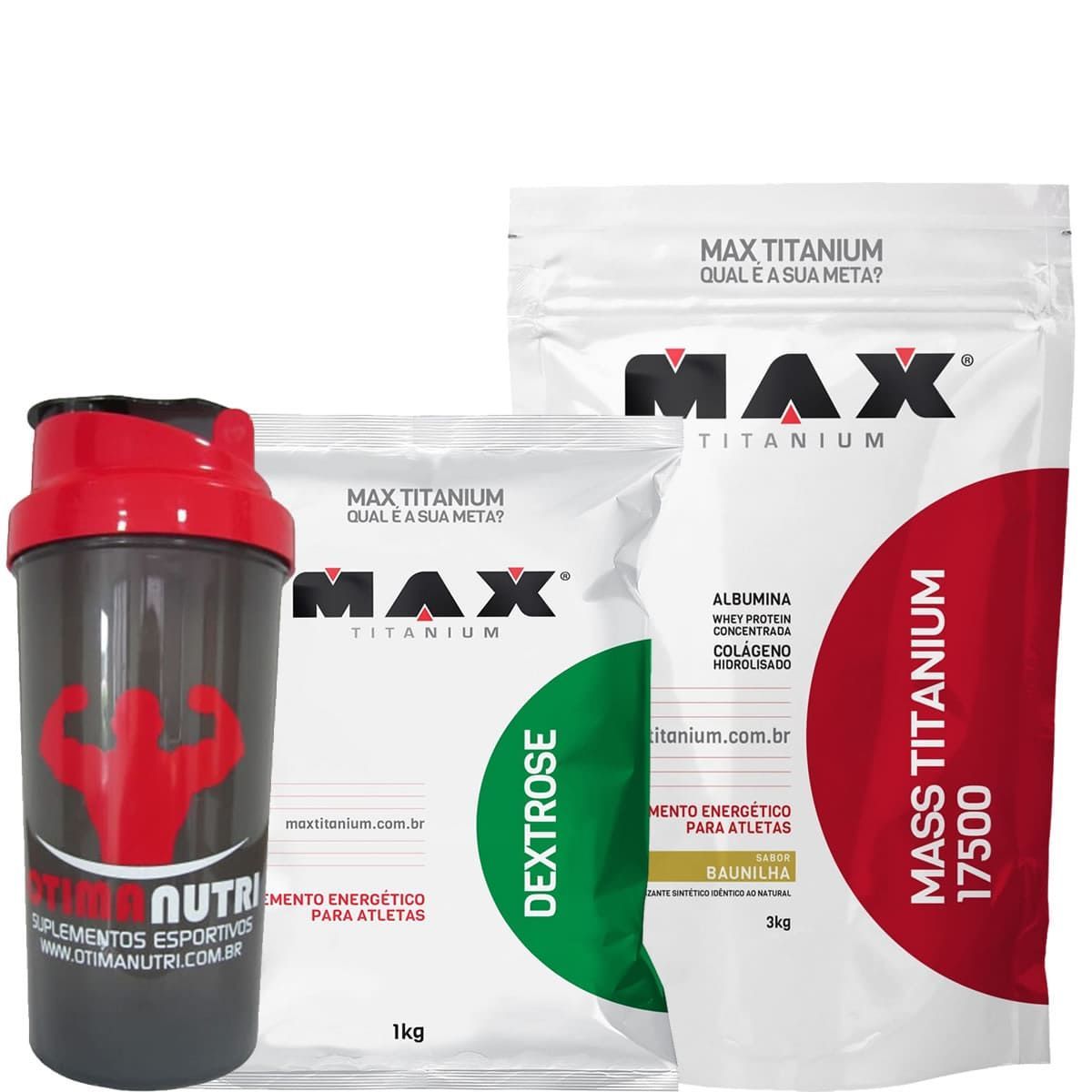Kit Mass Titanium 17500 - 3000g Baunilha + Dextrose 1000g Natural + Coqueteleira- Max Titanium