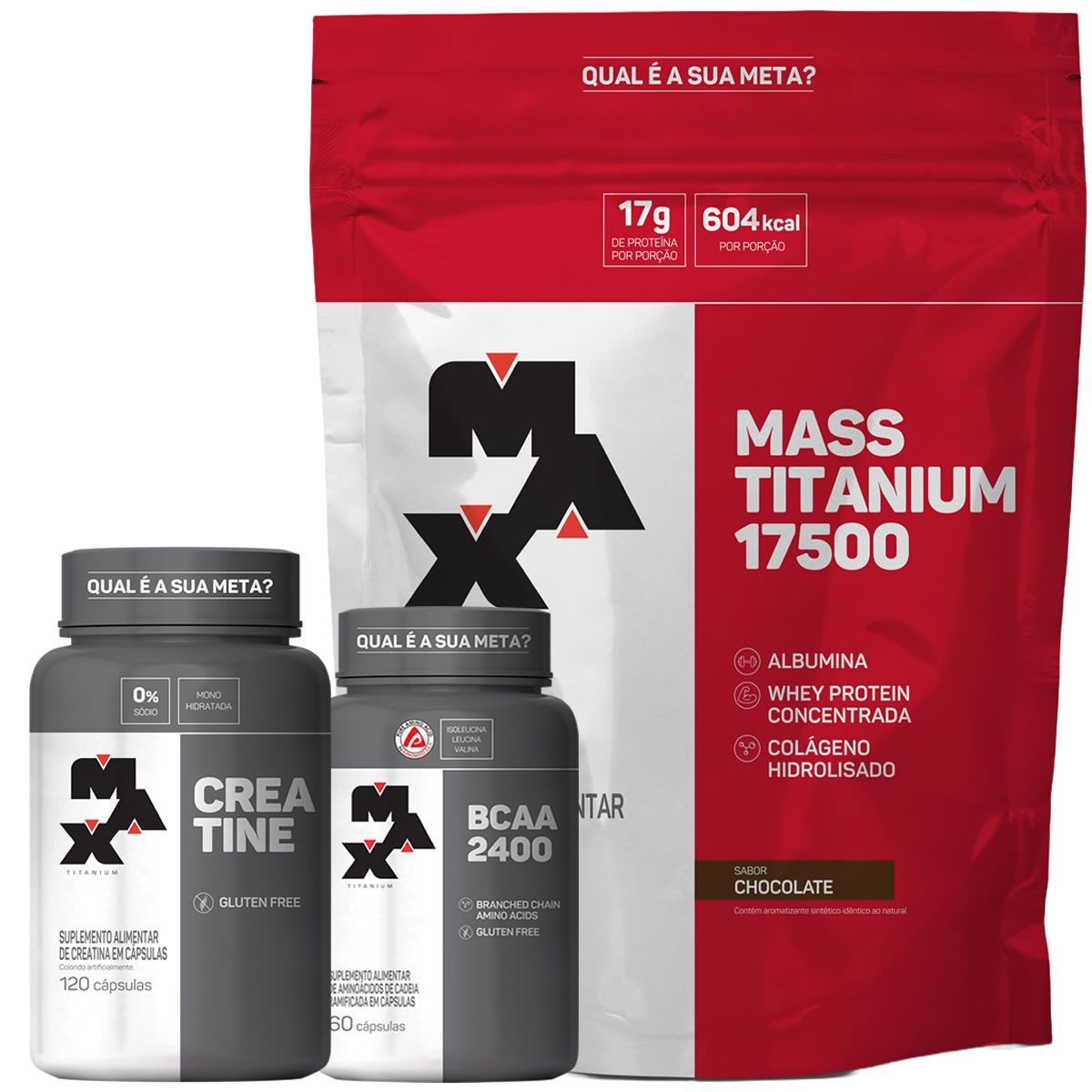 Kit Mass Titanium 17500 - 3000g Chocolate + Creatina - 120 caps + Bcaa 60 Caps - Max Titanium