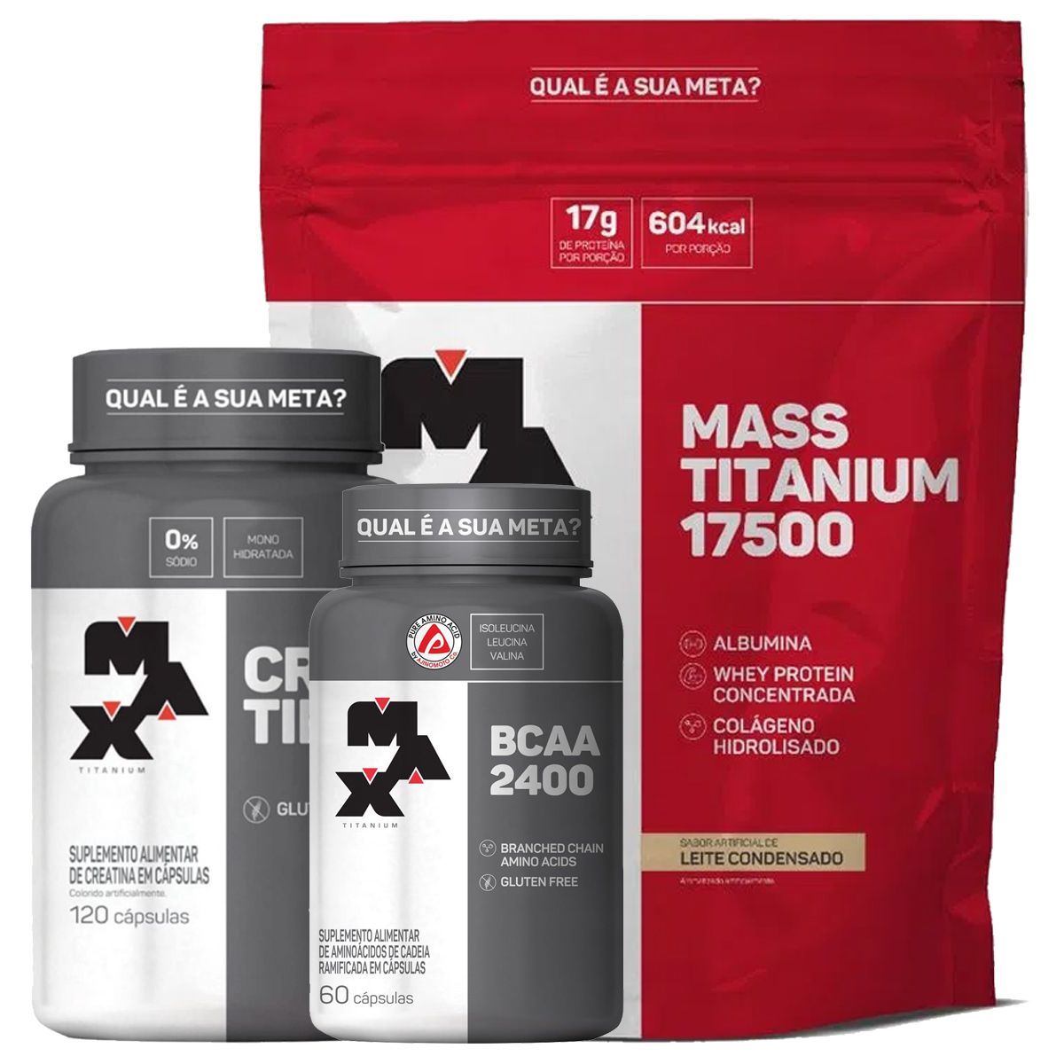Kit Mass Titanium 17500 - 3000g Leite condensado + Creatina - 120 caps + Bcaa 60 Caps - Max Titanium