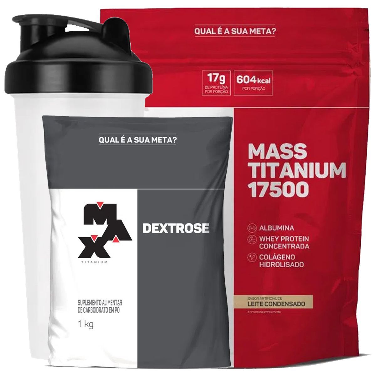 Kit Mass Titanium 17500 - 3000g Leite condensado + Dextrose 1000g Natural + Coqueteleira- Max Titanium