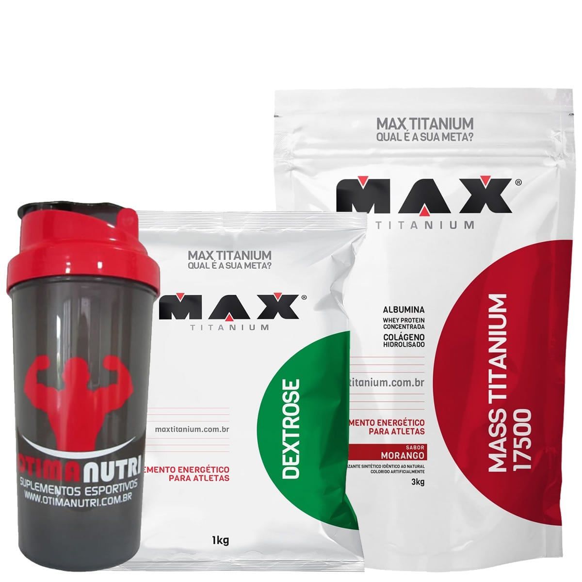 Kit Mass Titanium 17500 - 3000g Morango + Dextrose 1000g Natural + Coqueteleira- Max Titanium