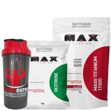 Kit Mass Titanium 17500 - 3000g Morango + Dextrose 1000g Natural + Coqueteleira- Max Titanium
