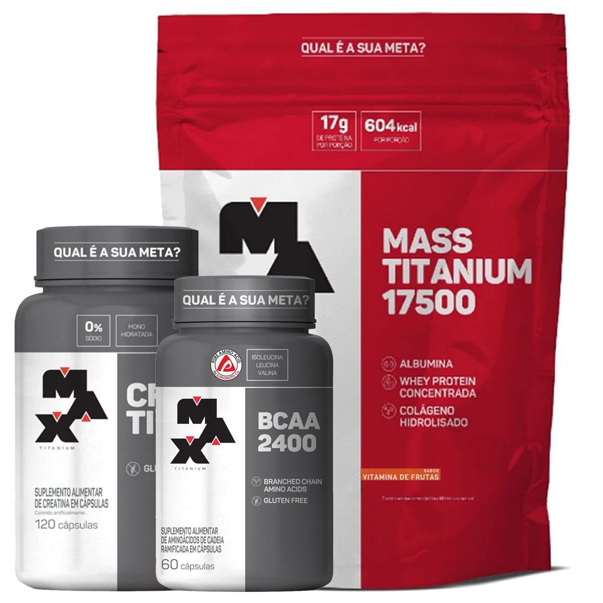 kit Mass Titanium 17500 - 3000g Vit.frutas + Creatina - 120 caps + Bcaa 60 Caps - Max Titanium