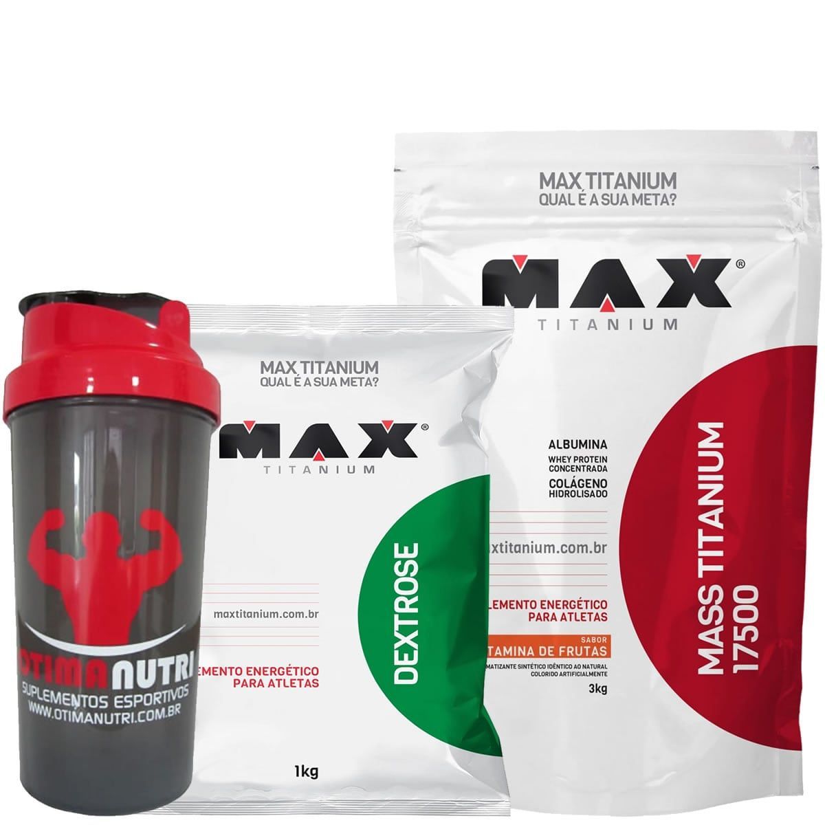 Kit Mass Titanium 17500 - 3000g Vit.frutas + Dextrose 1000g Natural + Coqueteleira- Max Titanium
