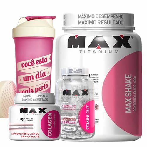 Kit Max Shake 400g Chocolate + Colagen 100 C�psulas + Femini Cut 30 C�psulas + Coqueteleira - Max Titanium
