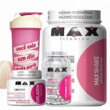 Kit Max Shake 400g Morango + Colagen 100 C�psulas + Femini Cut 30 C�psulas + Coqueteleira - Max Titanium