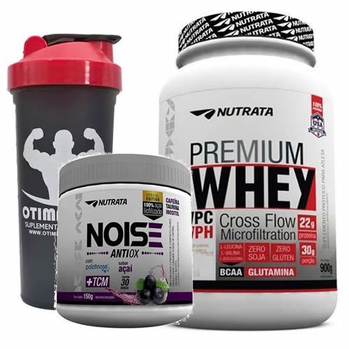 Kit Premium Whey 900g Banana com Canela + Noise Antiox 150g A�a� + Coqueteleira 600ml - Nutrata
