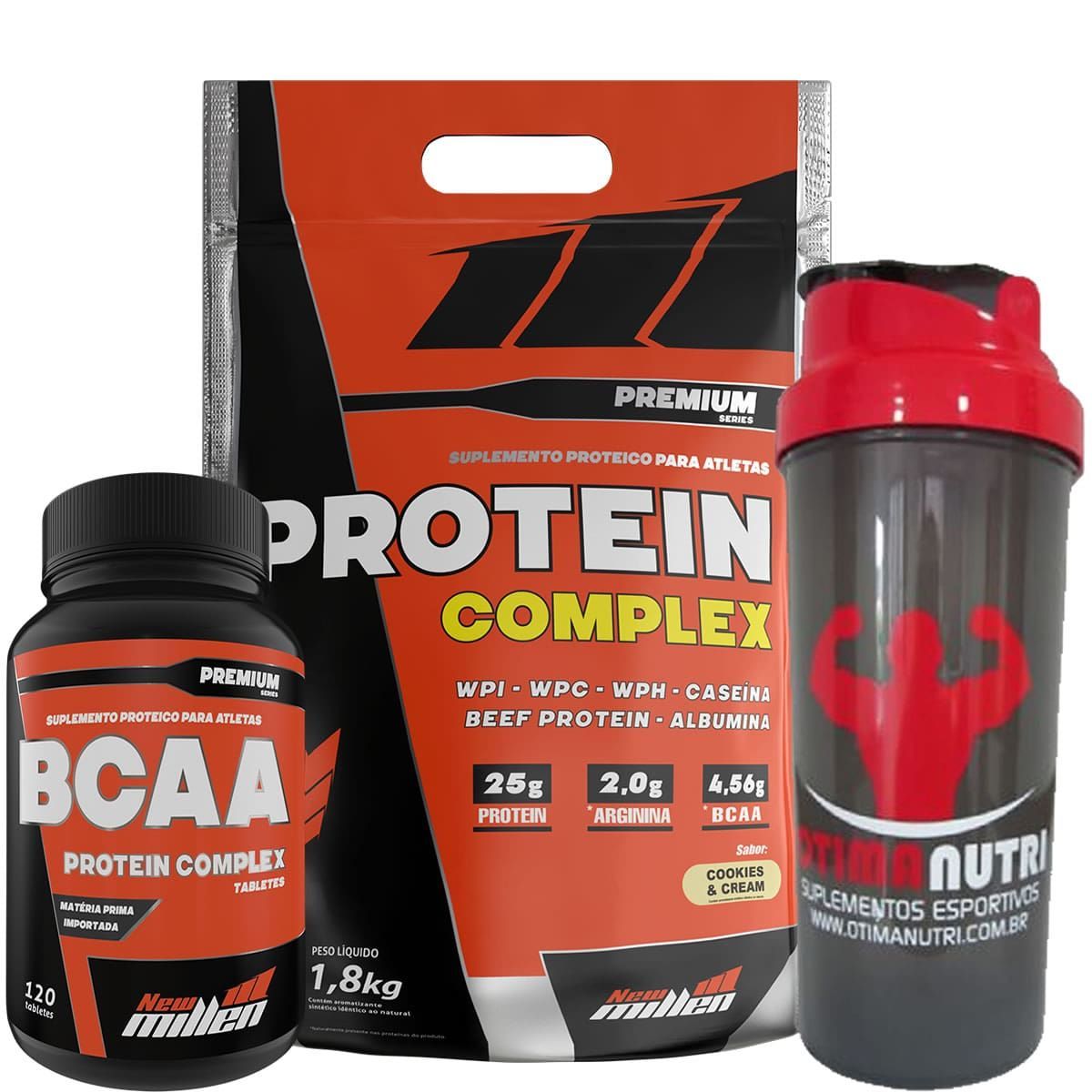 Kit Protein Complex 1800g Cookies + BCAA 120 Tabs + Coqueteleira - New Millen
