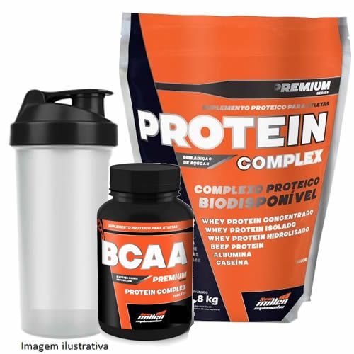 Kit Protein Complex 1800g Morango + BCAA 120 Tabs + Coqueteleira - New Millen