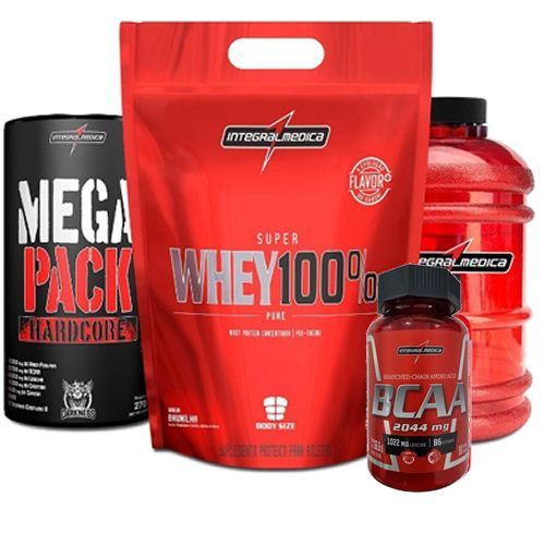Kit Super Whey 100% Pure 1800g Chocolate + Mega Pack Hardcore 15 Sach�s + BCAA 2044mg 90 C�ps + Gal�o Vermelho 2,2 litros - Integralm�dica