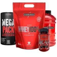 Kit Super Whey 100% Pure 1800g Morango + Mega Pack Hardcore 15 Sach�s + BCAA 2044mg 90 C�ps + Gal�o Vermelho 2,2 litros - Integralm�dica