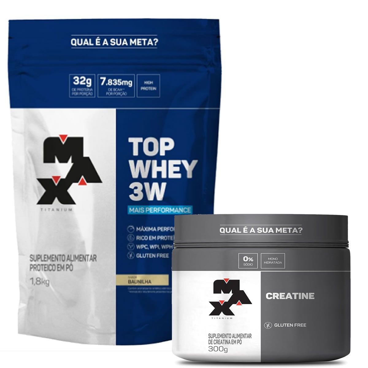 Kit Top Whey 3W - 1800g Refil Baunilha + Creatina - 300g - Max Titanium