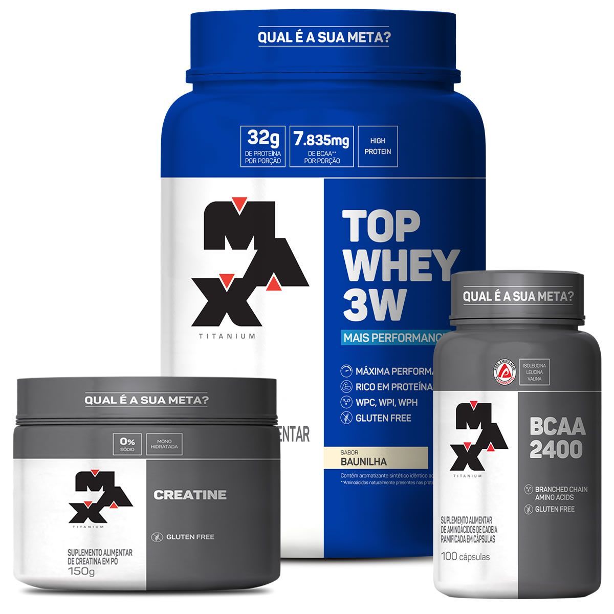 Kit Top Whey 3W 900g Bau + BCAA 2400 100 caps + Creatina 150g - Max Titanium