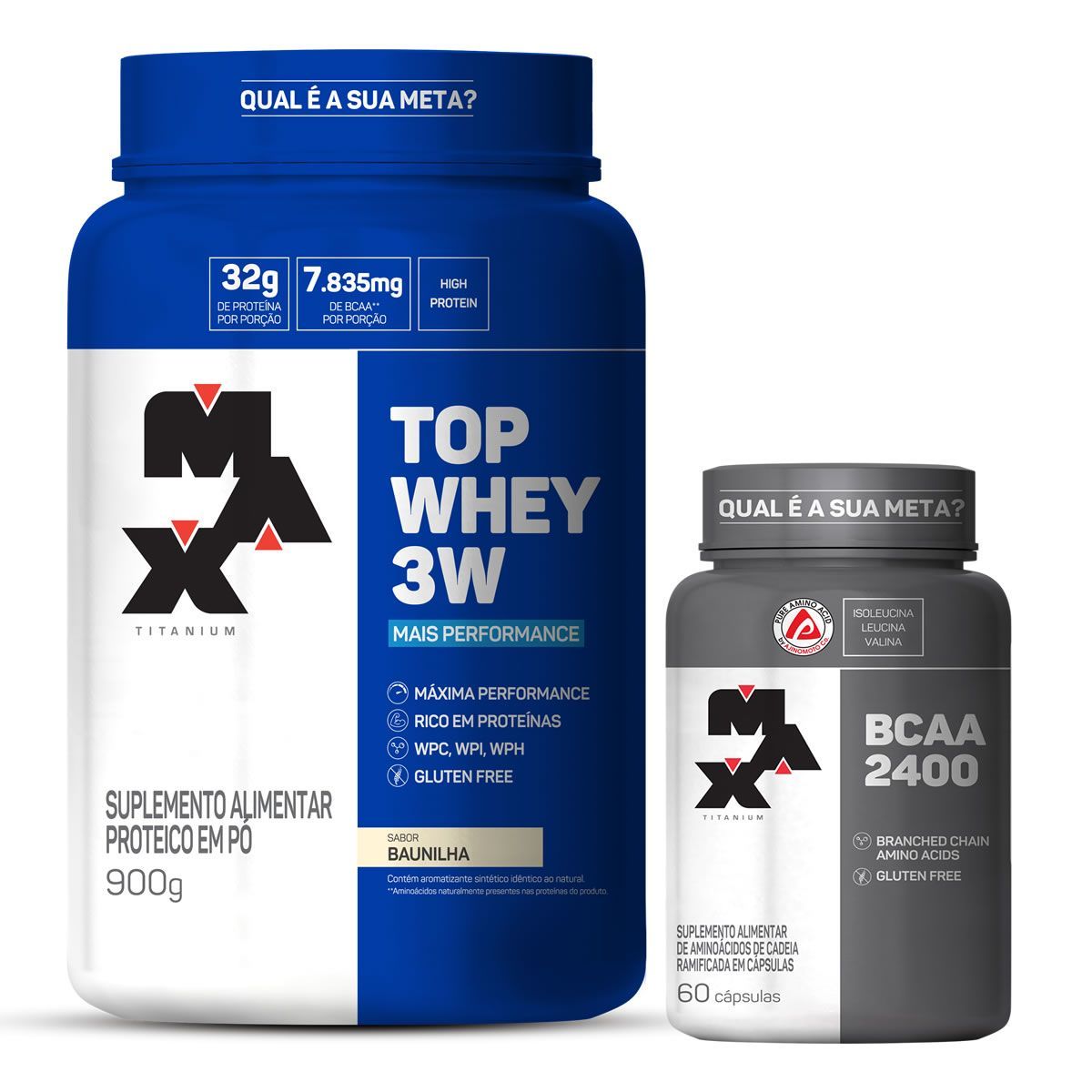 Kit Top Whey 3W - 900g Baunilha + BCAA 2400 - 60 C�ps - Max Titanium