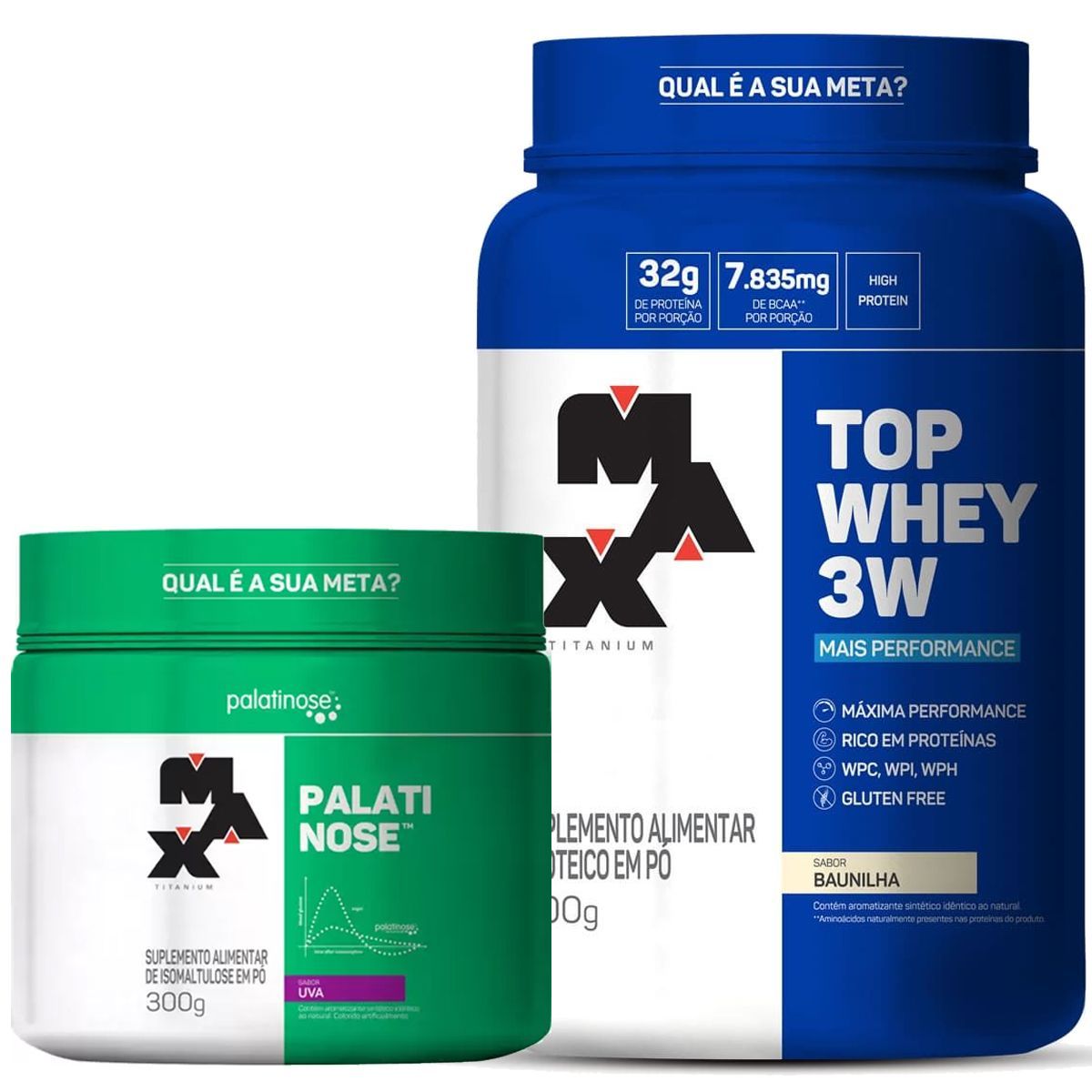 Kit Top Whey 3W 900g Baunilha + Palatinose 300g Uva - Max Titanium