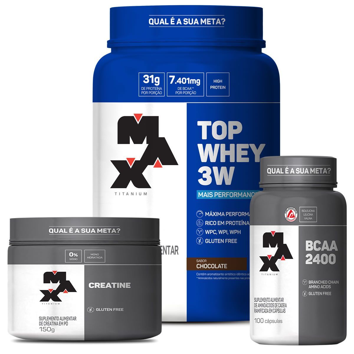 kit Top Whey 3W 900g Choco + BCAA 2400 100 caps + Creatina 150g - Max Titanium