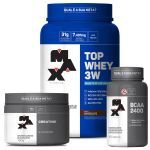 kit Top Whey 3W 900g Choco + BCAA 2400 100 caps + Creatina 150g - Max Titanium