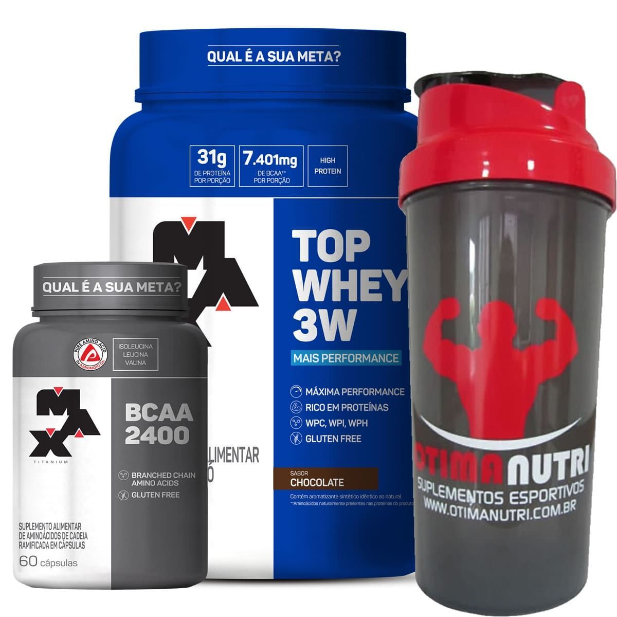 Kit Top Whey 3W - 900g Chocolate + BCAA 2400 - 60 C�ps + Coqueteleira - Max Titanium