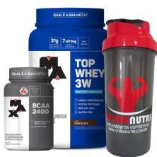 Kit Top Whey 3W - 900g Chocolate + BCAA 2400 - 60 C�ps + Coqueteleira - Max Titanium