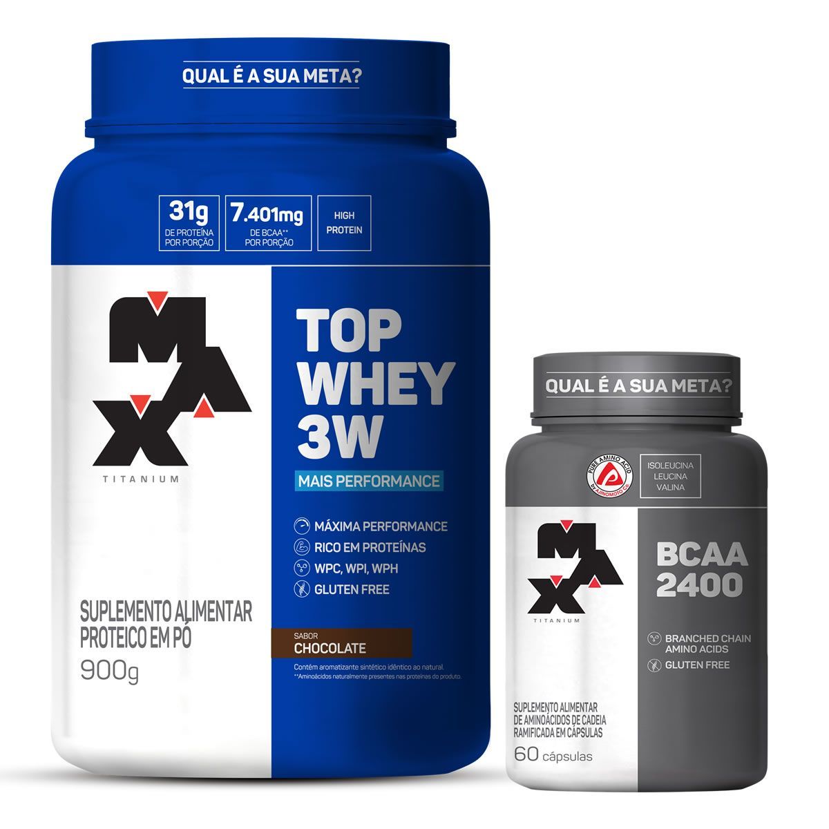 Kit Top Whey 3W - 900g Chocolate + BCAA 2400 - 60 C�ps - Max Titanium