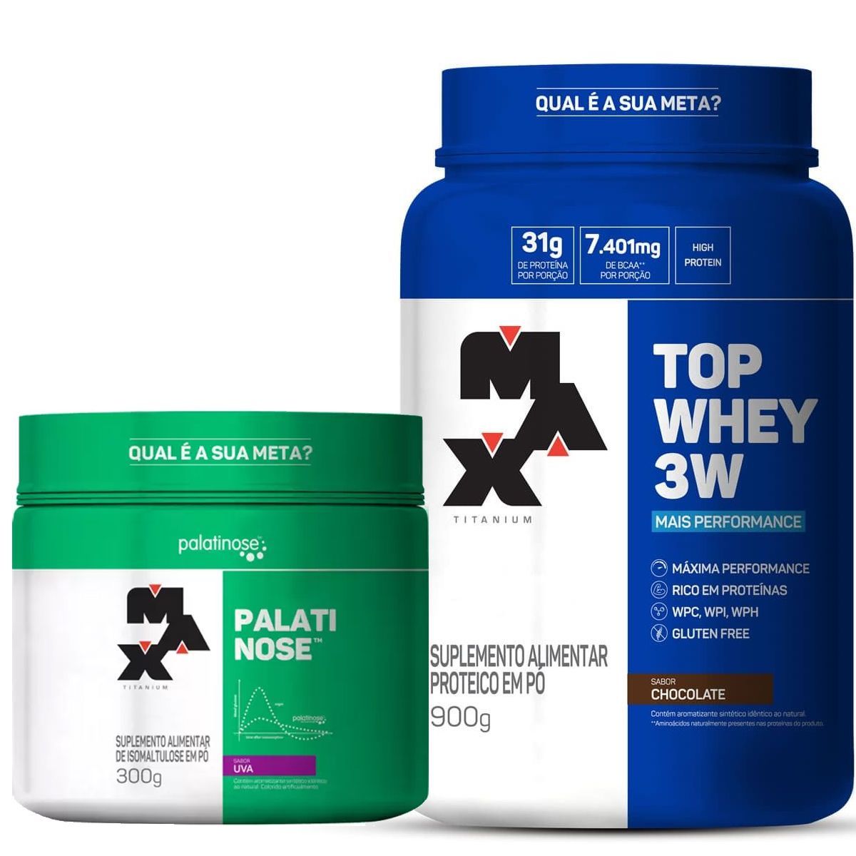 Kit Top Whey 3W 900g Chocolate + Palatinose 300g Uva - Max Titanium