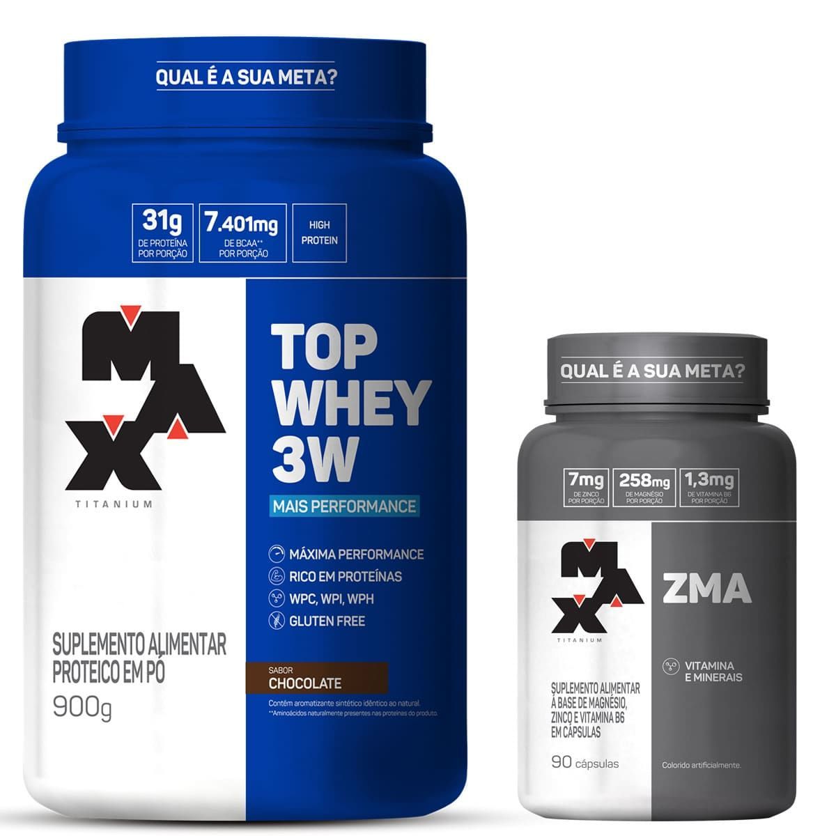 Kit Top Whey 3W - 900g Chocolate + ZMA 90 c�ps - Max Titanium