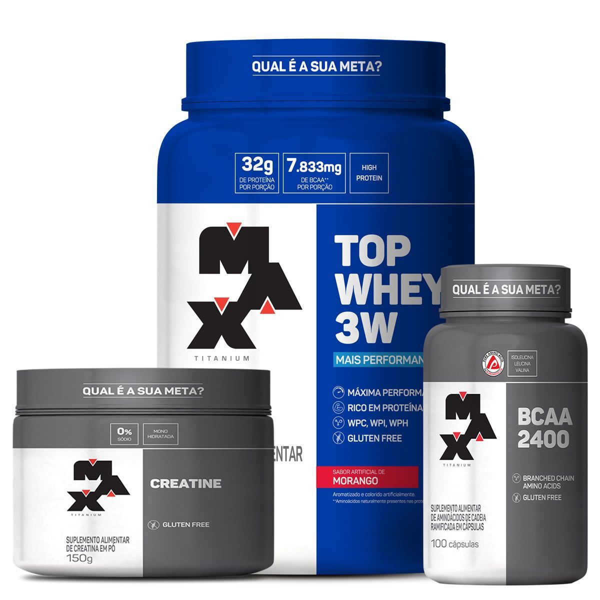 kit Top Whey 3W 900g Mor + BCAA 2400 100 caps + Creatina 150g - Max Titanium