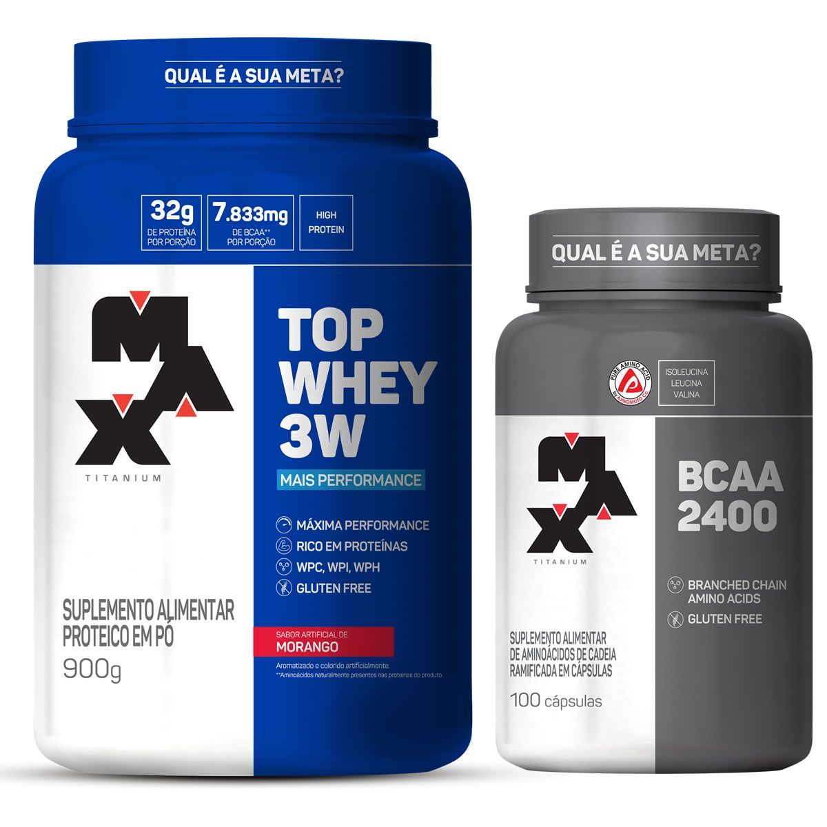 Kit Top Whey 3W 900g Morango + BCAA 2400 100 caps - Max Titanium